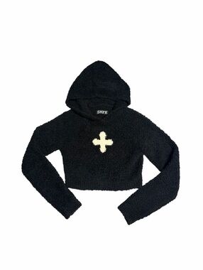 SMFK Black Cropped Fuzzy Hoodie with Cream Cross